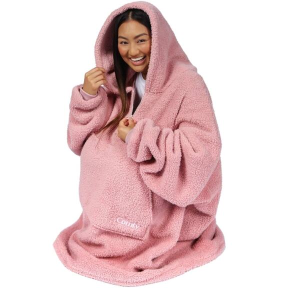 Comfy Women’s Cozy Comfort Wearable Blanket Quarter-Zip Oversized Hoodie Pink - Picture 3 of 8